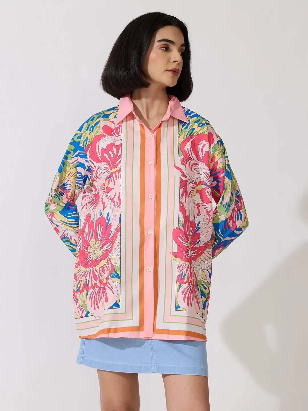 Women's Floral Pink Oversized Long Sleeve Shirt