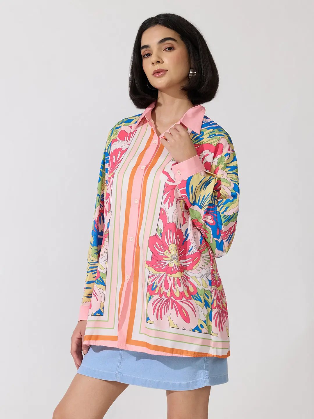 Women's Floral Pink Oversized Long Sleeve Shirt