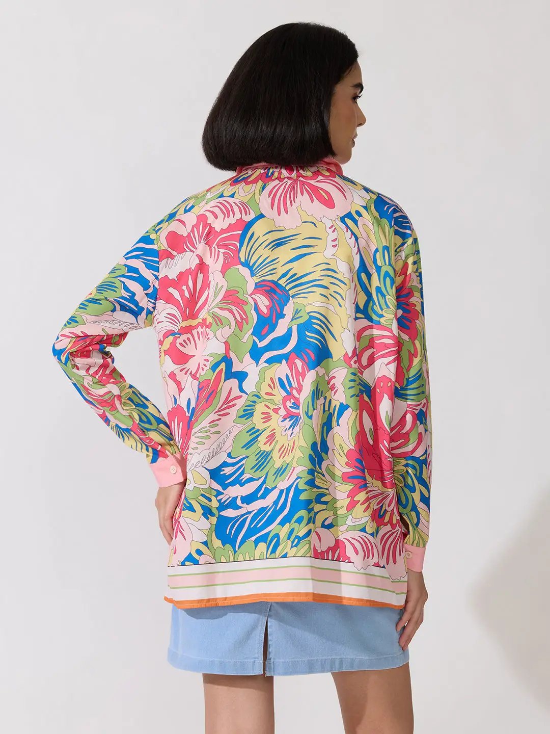 Women's Floral Pink Oversized Long Sleeve Shirt