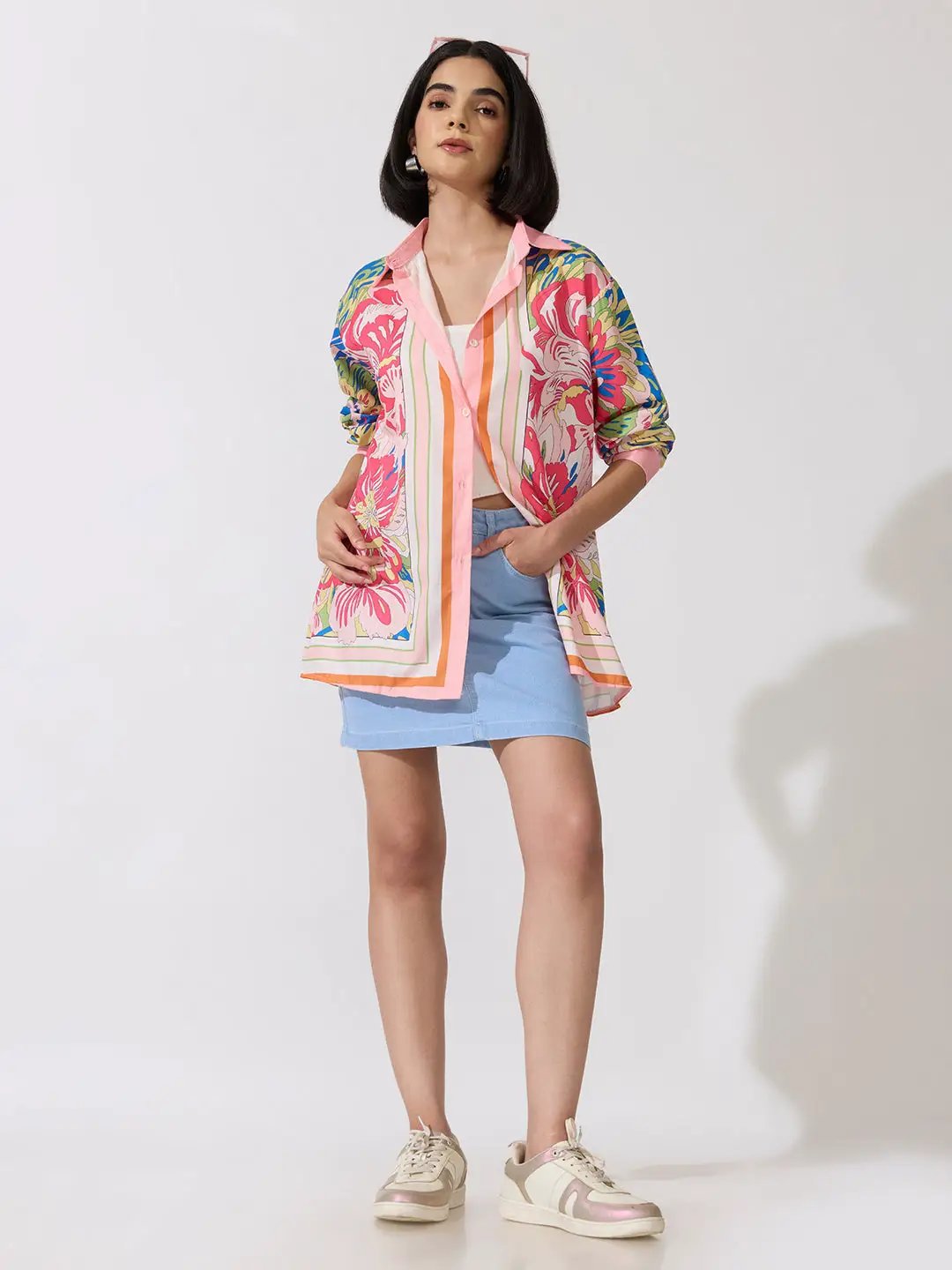 Women's Floral Pink Oversized Long Sleeve Shirt