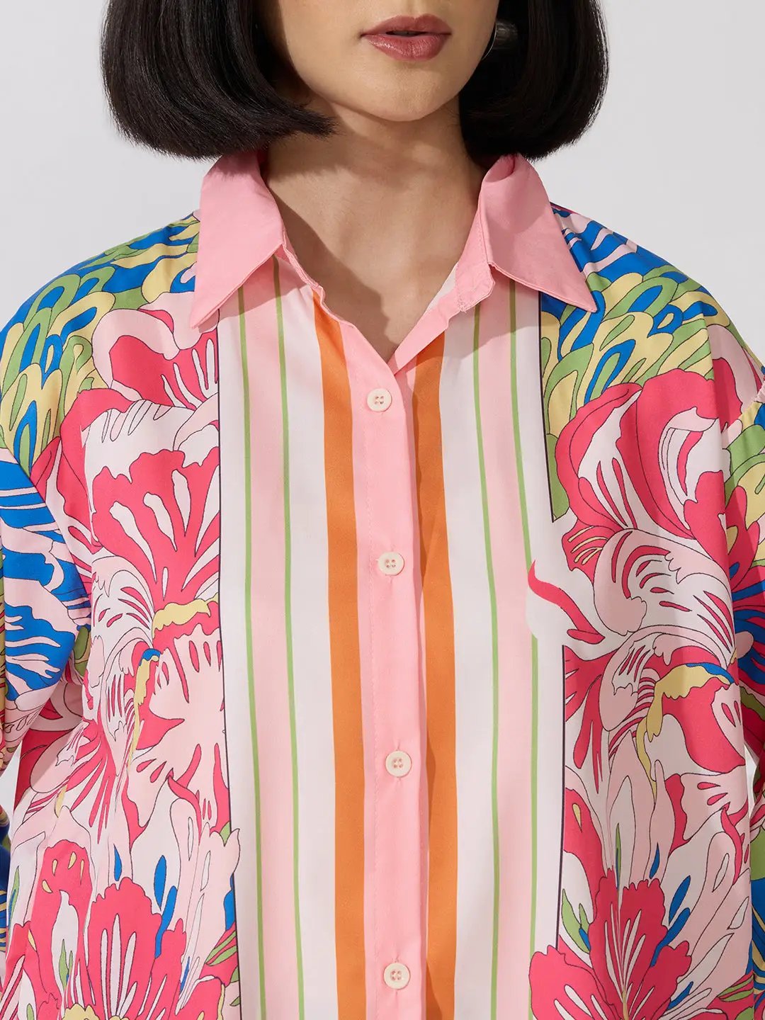 Women's Floral Pink Oversized Long Sleeve Shirt