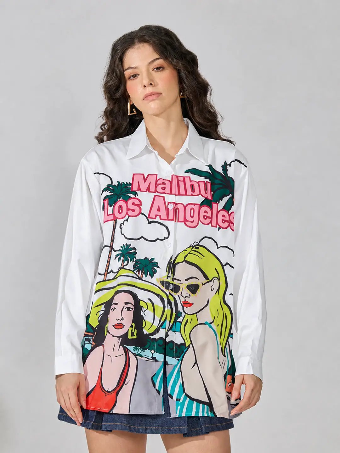 Women's Graphic White Relaxed Fit Collared  Shirt