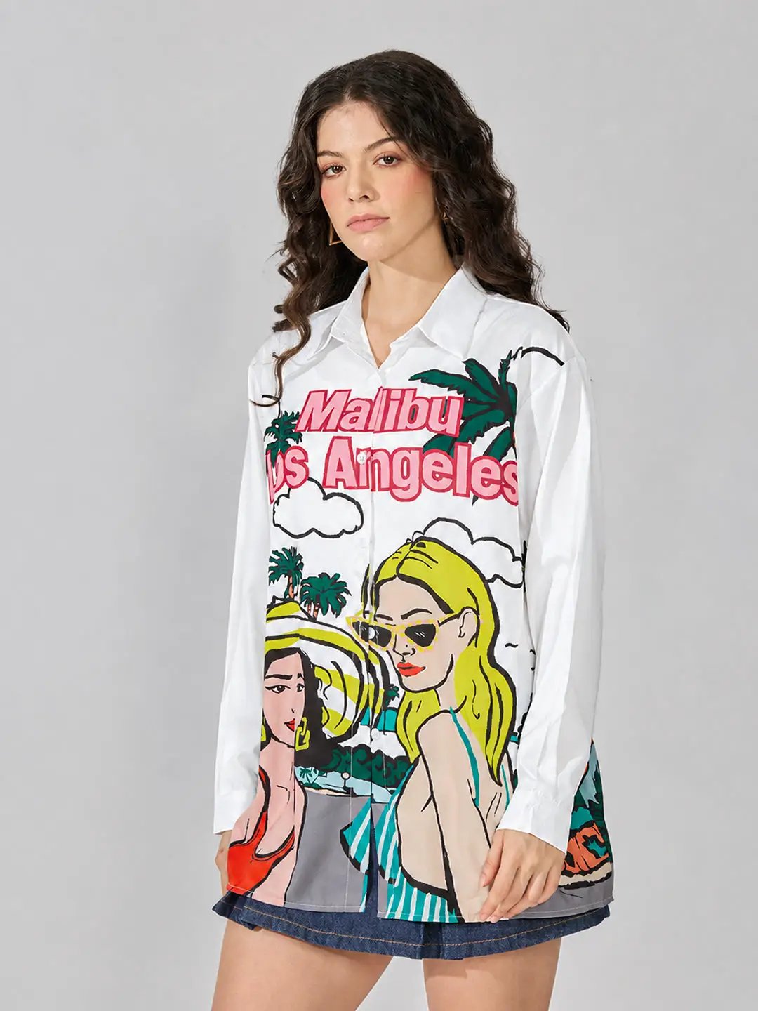 Women's Graphic White Relaxed Fit Collared  Shirt