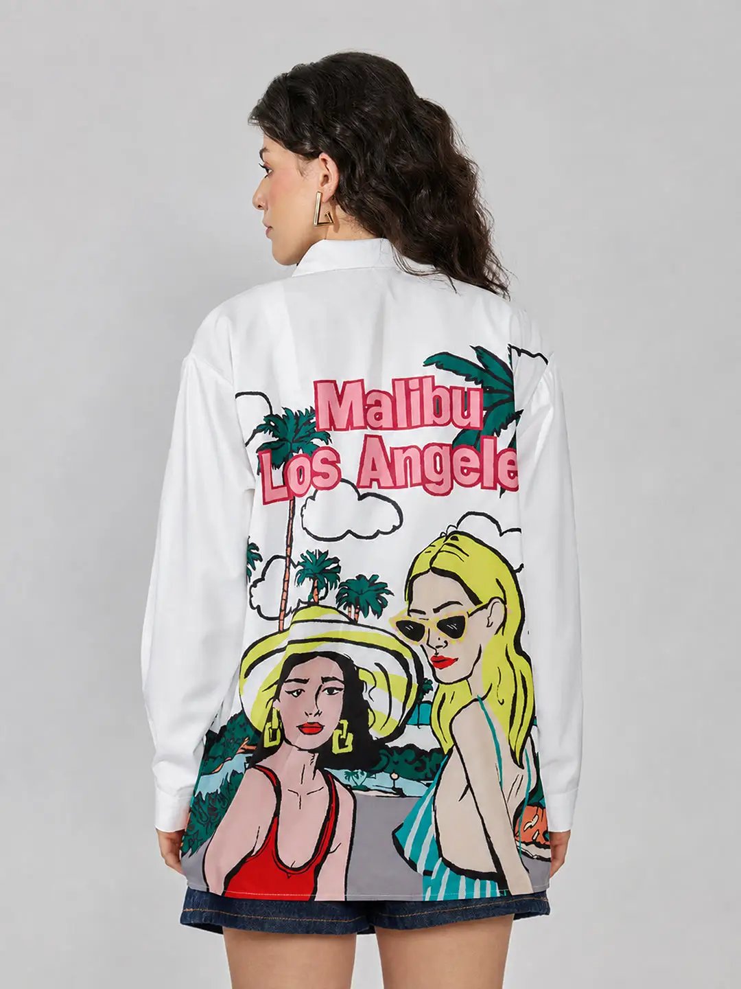 Women's Graphic White Relaxed Fit Collared  Shirt