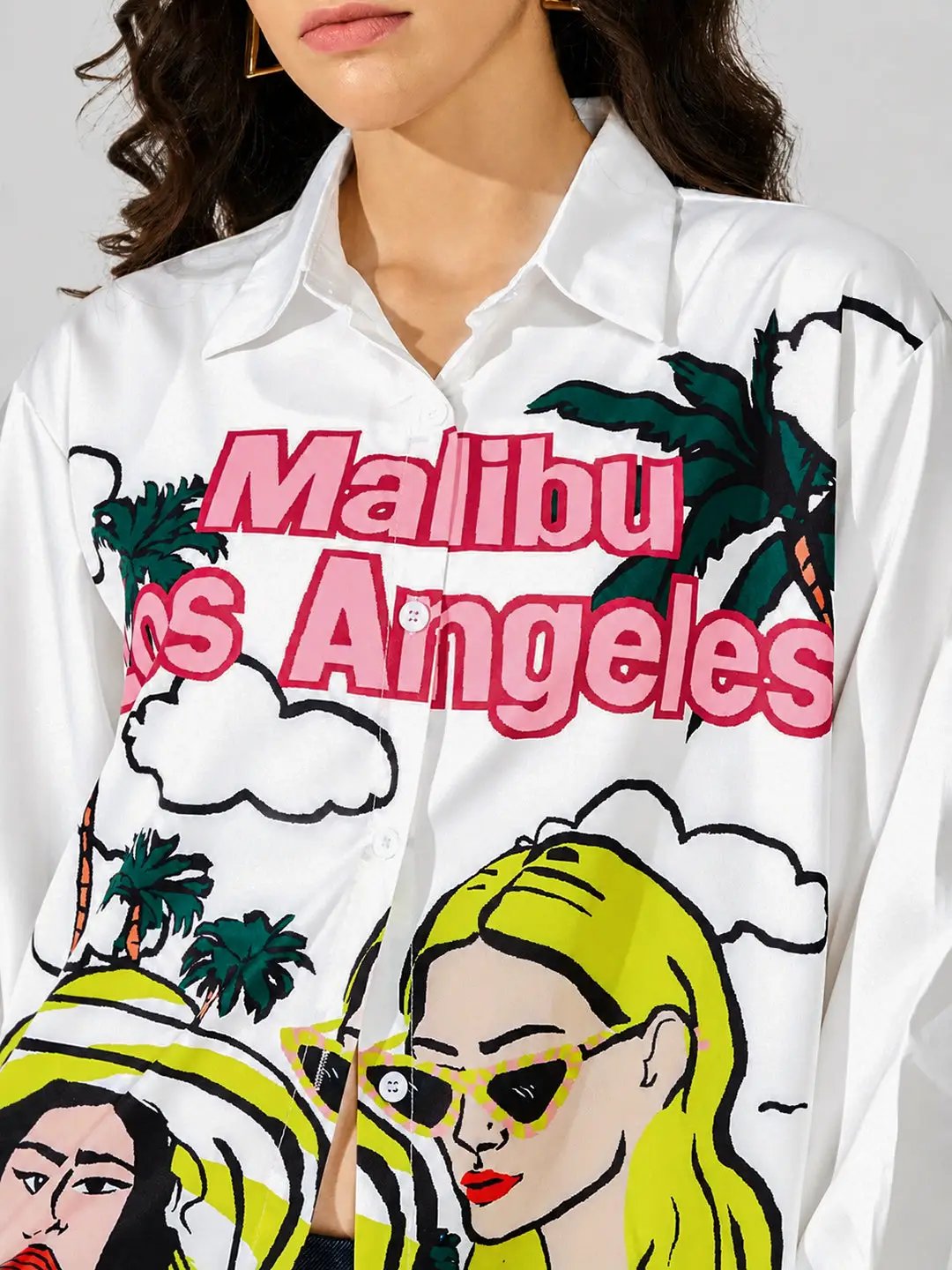 Women's Graphic White Relaxed Fit Collared  Shirt