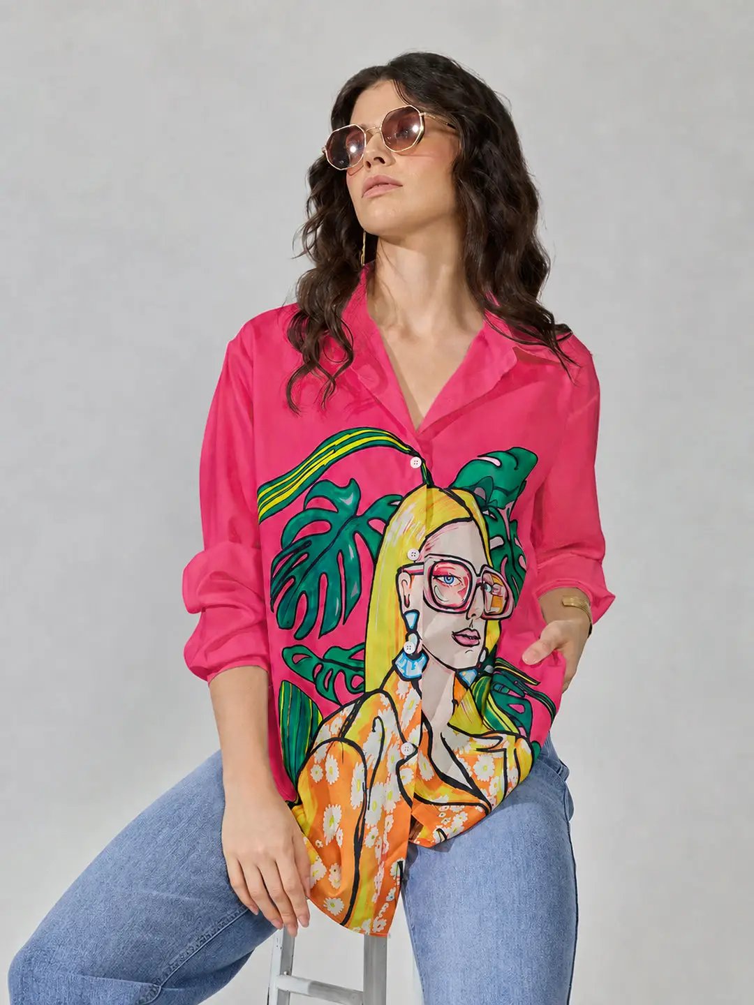 Women's Graphic Pink Relaxed Fit Collared Shirt - from SHOWOFFFF
