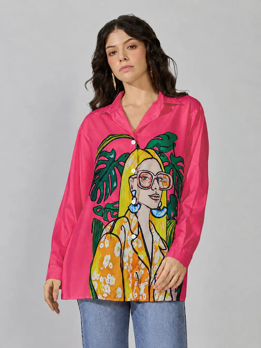 Women's Graphic Pink Relaxed Fit Collared Shirt - from SHOWOFFFF