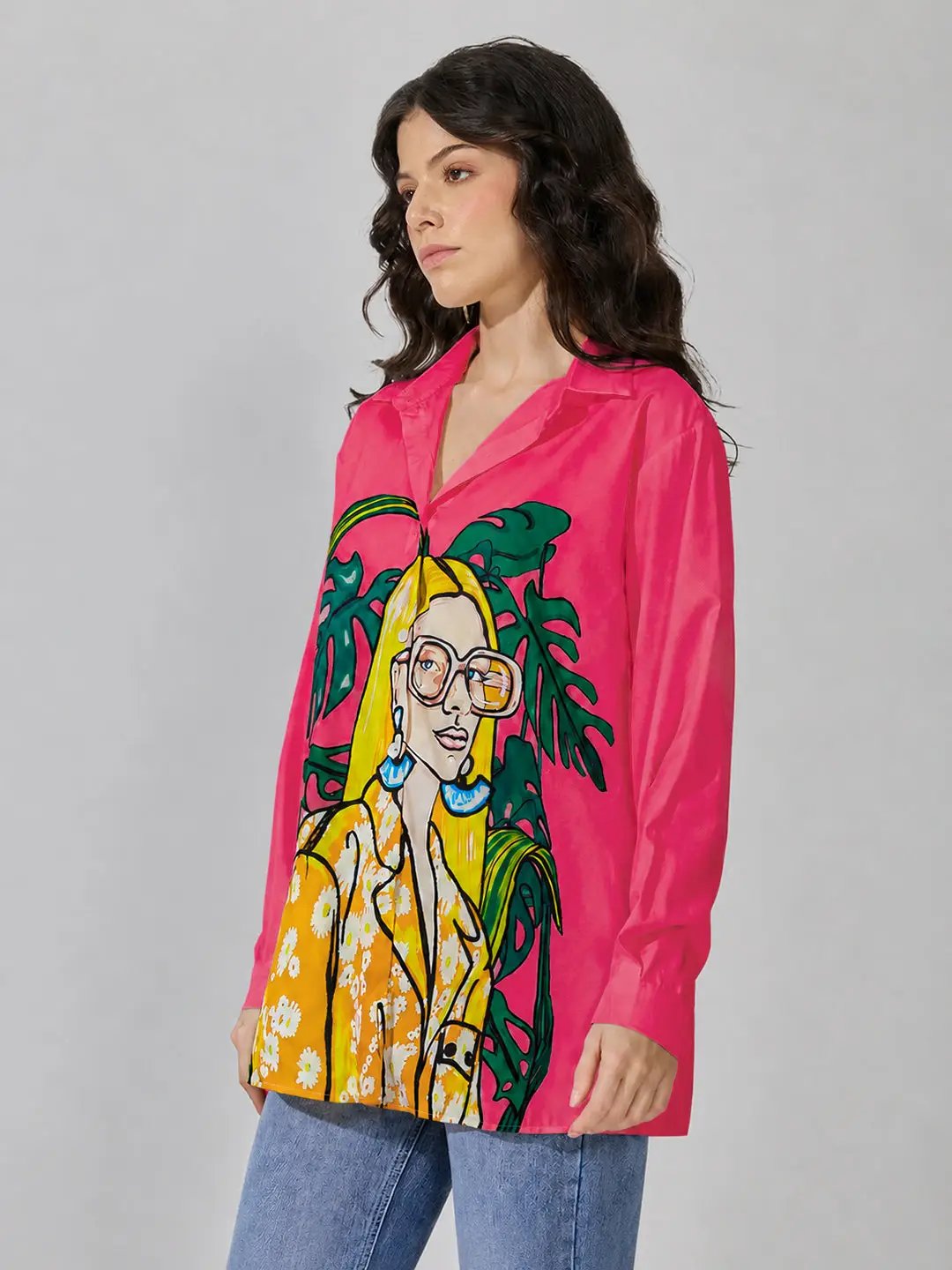 Women's Graphic Pink Relaxed Fit Collared Shirt - from SHOWOFFFF
