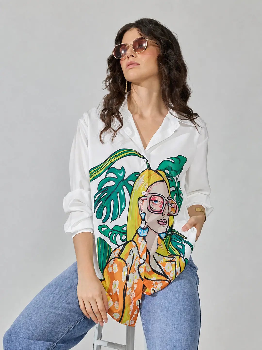 Women's Graphic White Relaxed Fit Collared Shirt