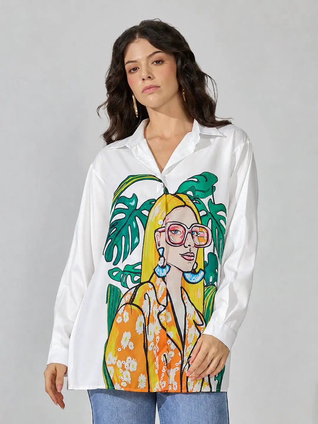 Women's Graphic White Relaxed Fit Collared Shirt