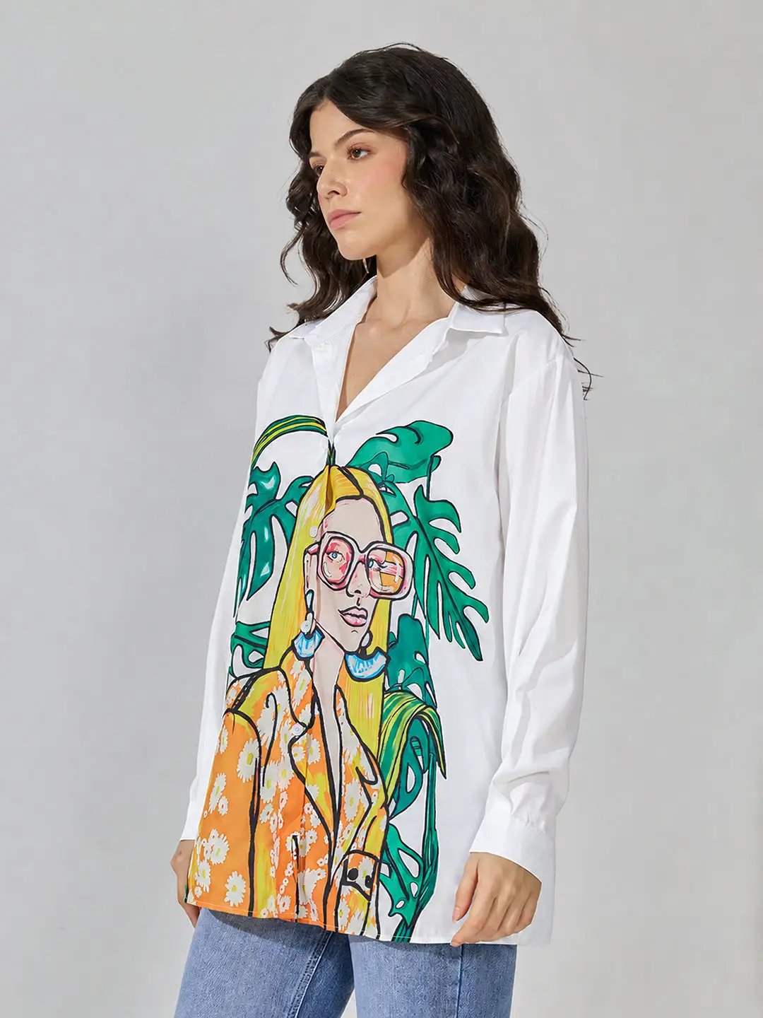 Women's Graphic White Relaxed Fit Collared Shirt