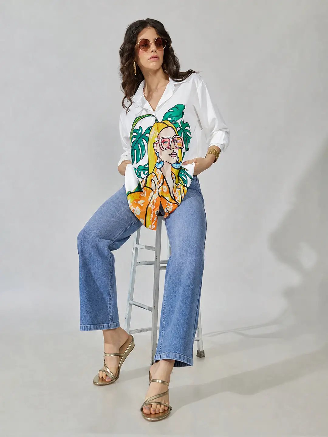 Women's Graphic White Relaxed Fit Collared Shirt