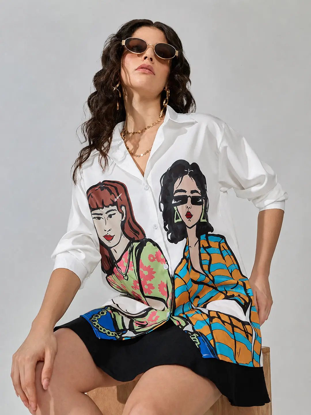 Women's White Graphic Print Long Sleeve Shirt