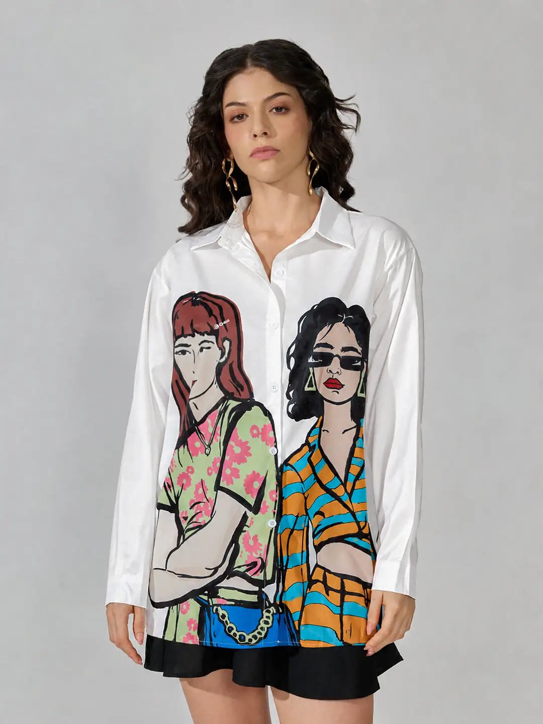 Women's White Graphic Print Long Sleeve Shirt