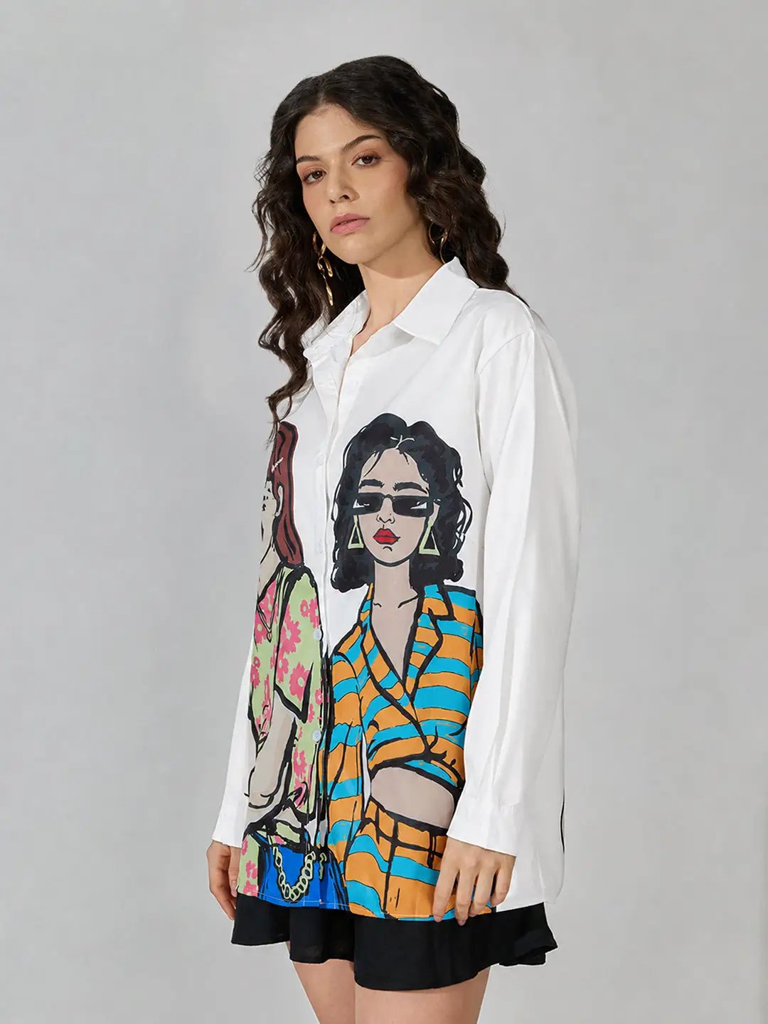 Women's White Graphic Print Long Sleeve Shirt