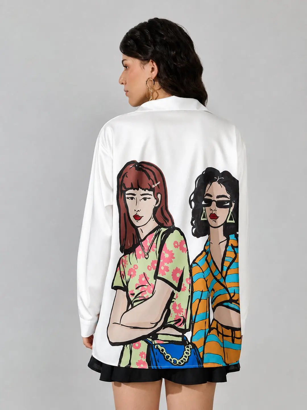 Women's White Graphic Print Long Sleeve Shirt