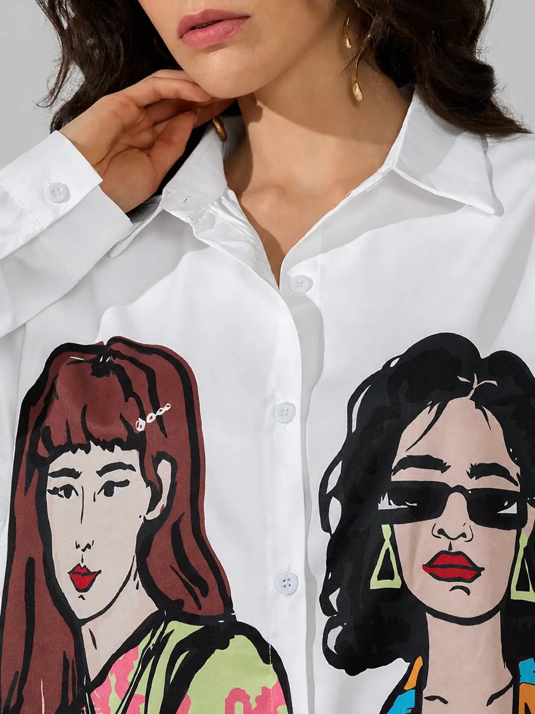 Women's White Graphic Print Long Sleeve Shirt