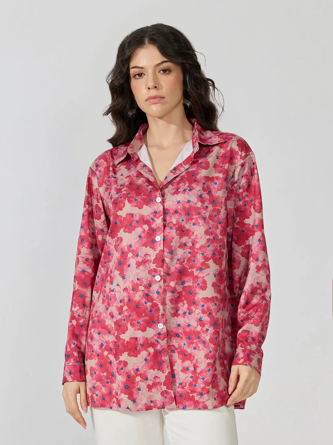 Women's Floral Polka Dot Pink Tie-Front Collared Shirt