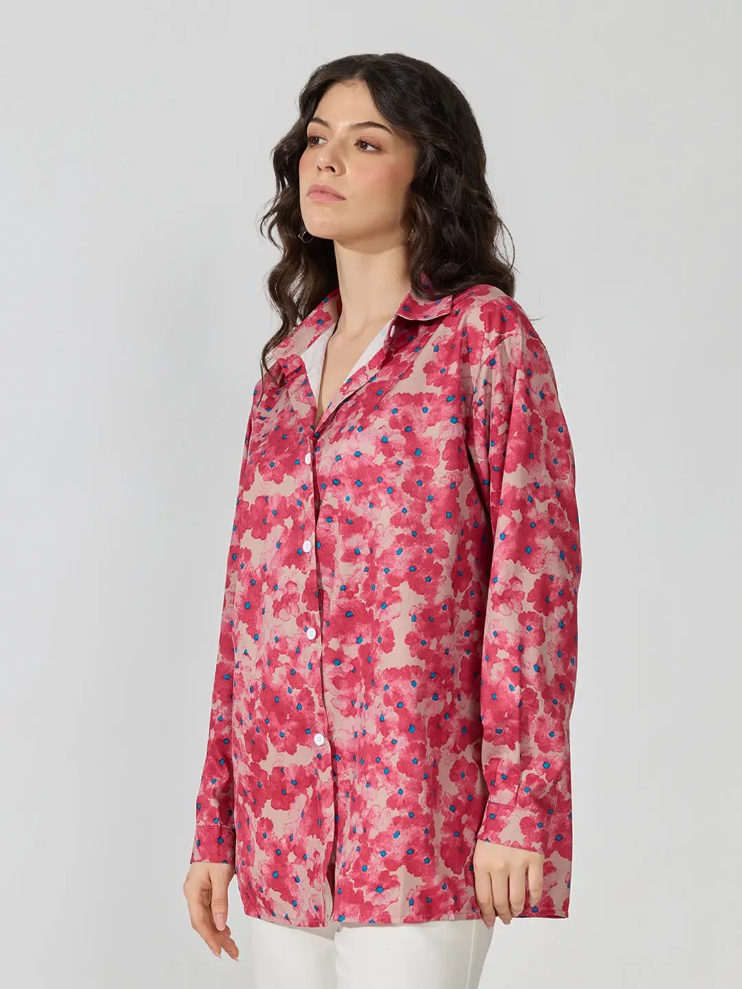 Women's Floral Polka Dot Pink Tie-Front Collared Shirt