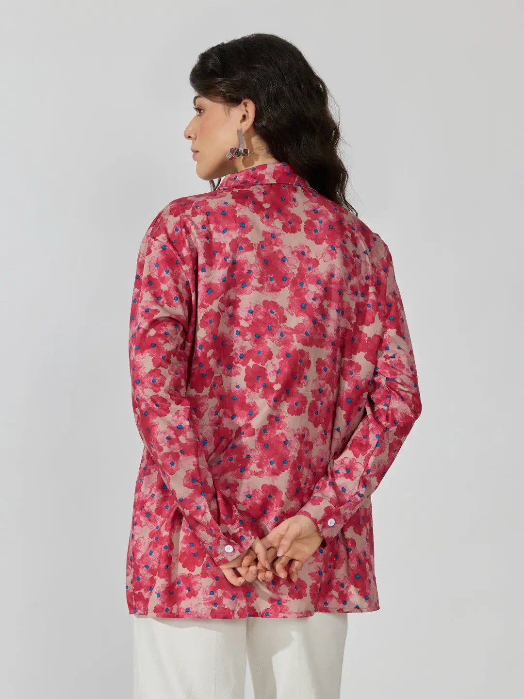 Women's Floral Polka Dot Pink Tie-Front Collared Shirt