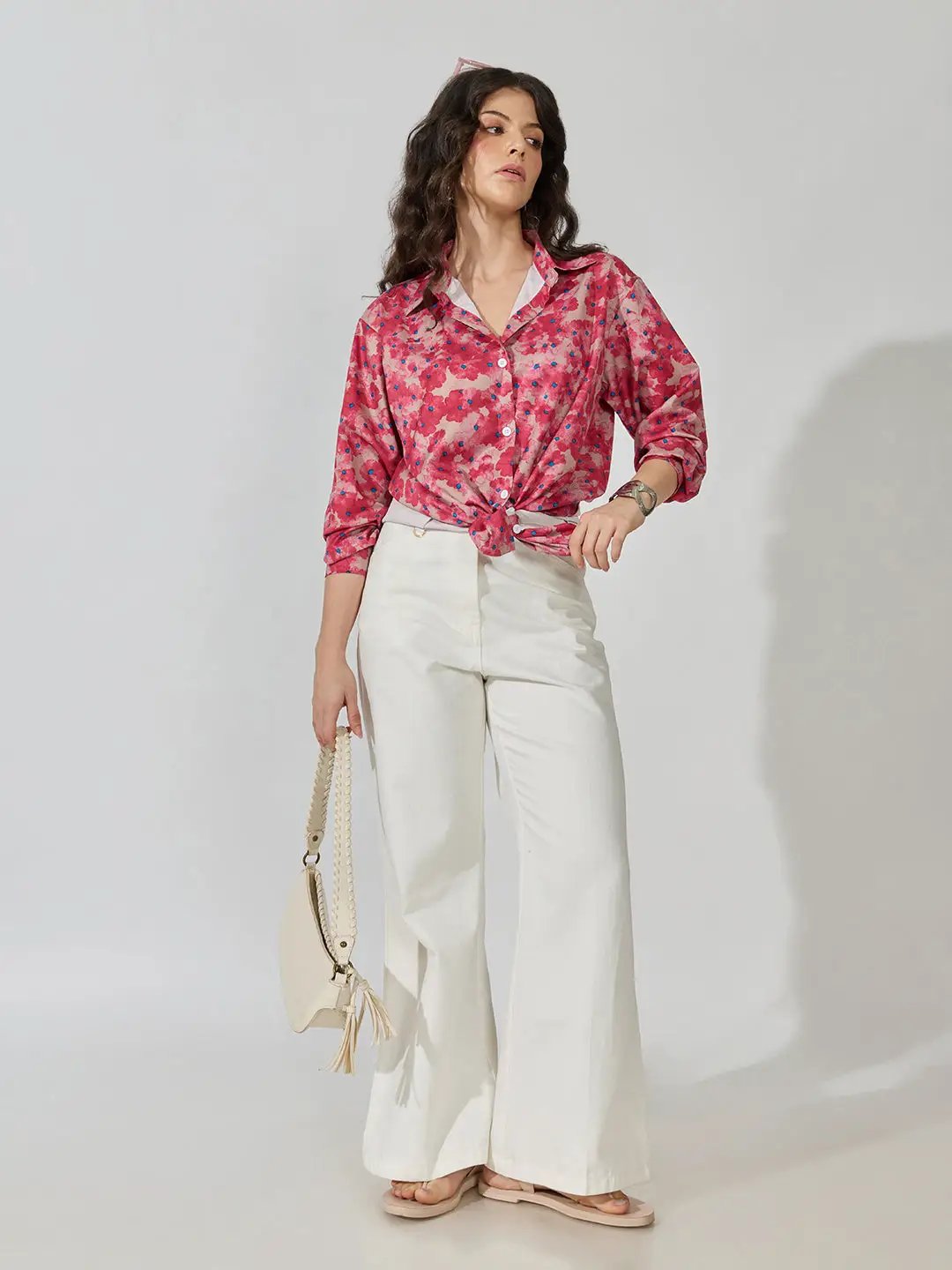 Women's Floral Polka Dot Pink Tie-Front Collared Shirt
