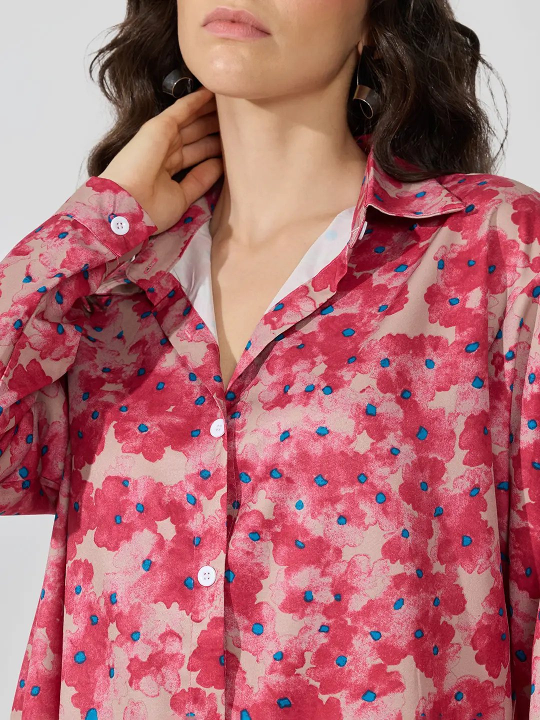 Women's Floral Polka Dot Pink Tie-Front Collared Shirt