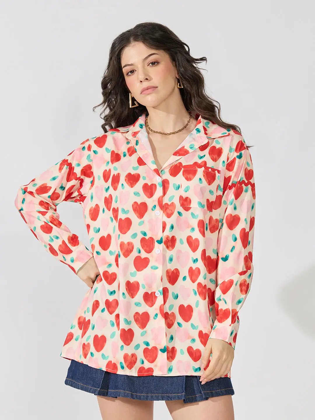 Women's Graphic Red Relaxed Fit Collared Shirt