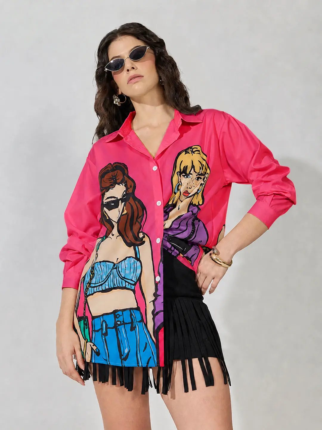 Women's Graphic Pink Relaxed Fit Collared Shirt - from SHOWOFFFF