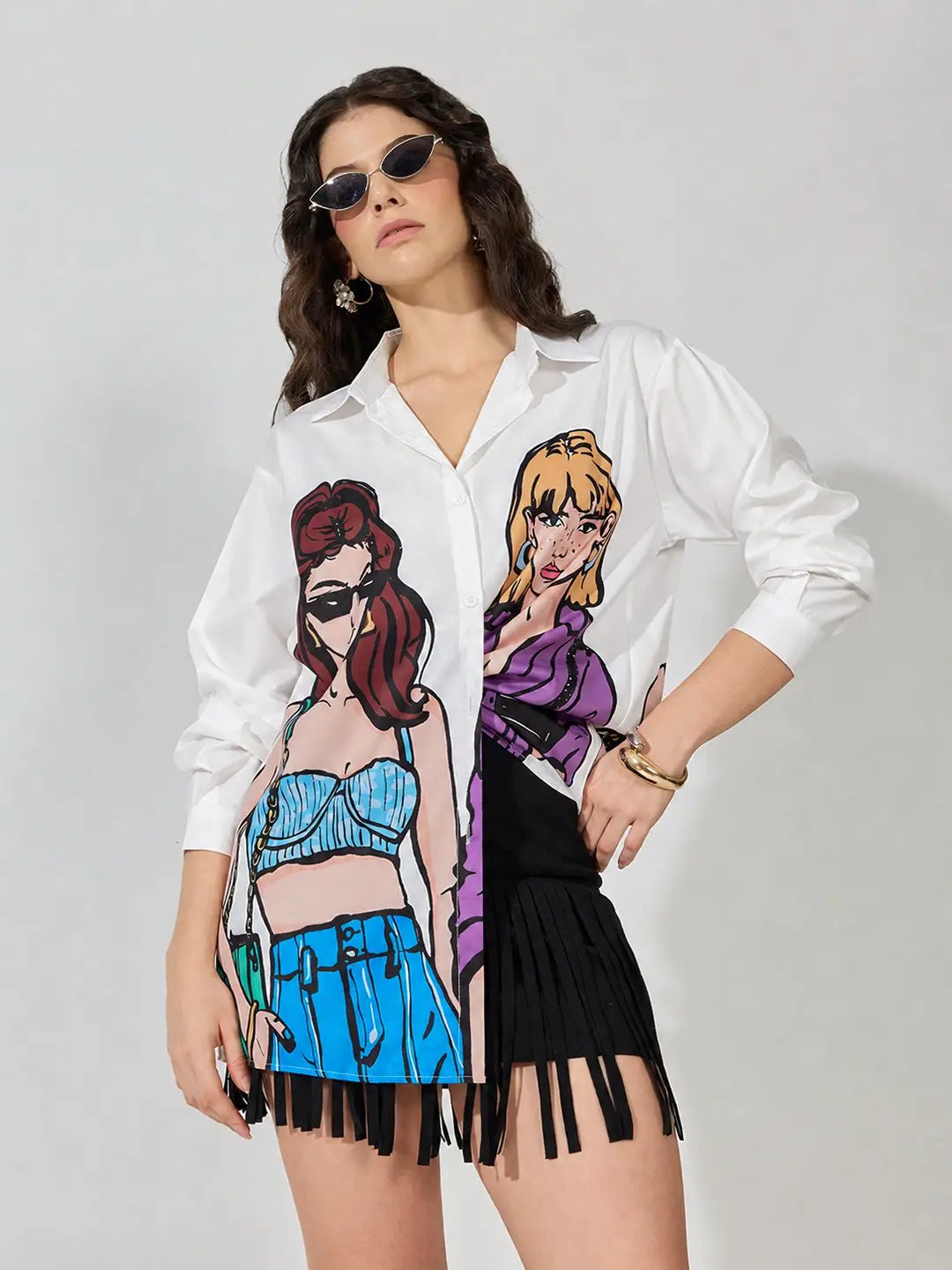 Women's Graphic White Relaxed Fit Collared Shirt