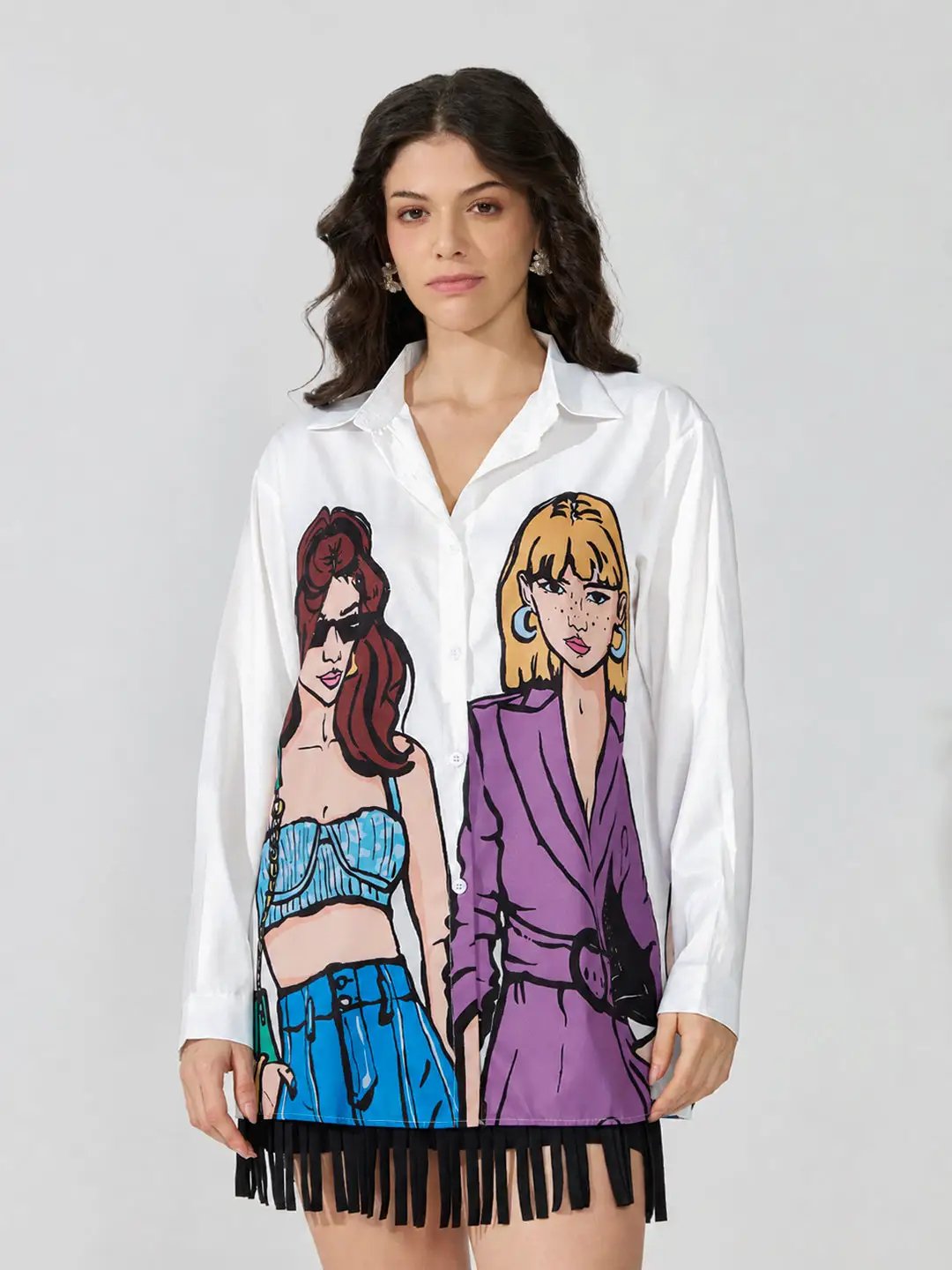 Women's Graphic White Relaxed Fit Collared Shirt