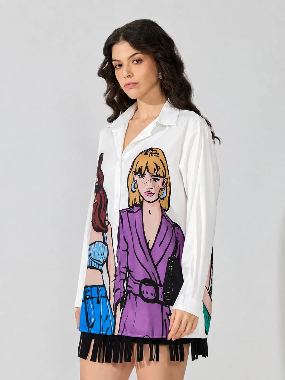 Women's Graphic White Relaxed Fit Collared Shirt