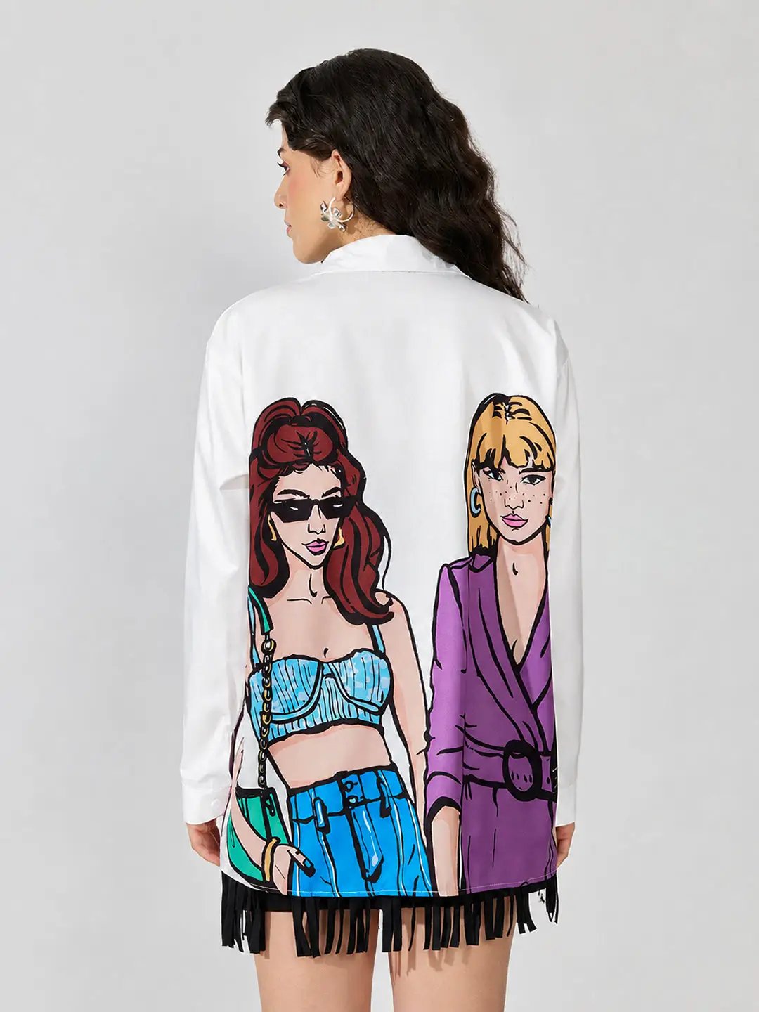 Women's Graphic White Relaxed Fit Collared Shirt