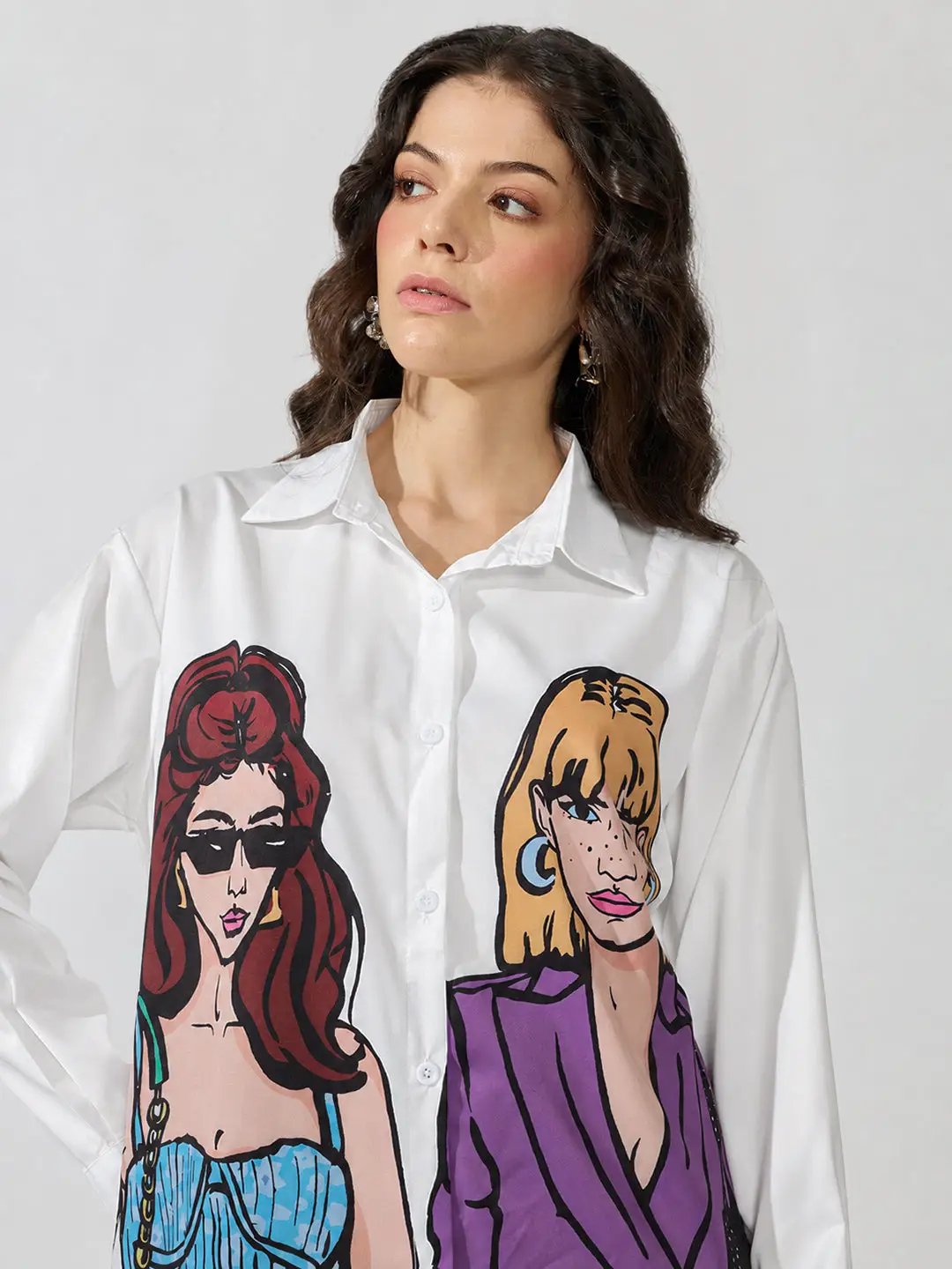 Women's Graphic White Relaxed Fit Collared Shirt