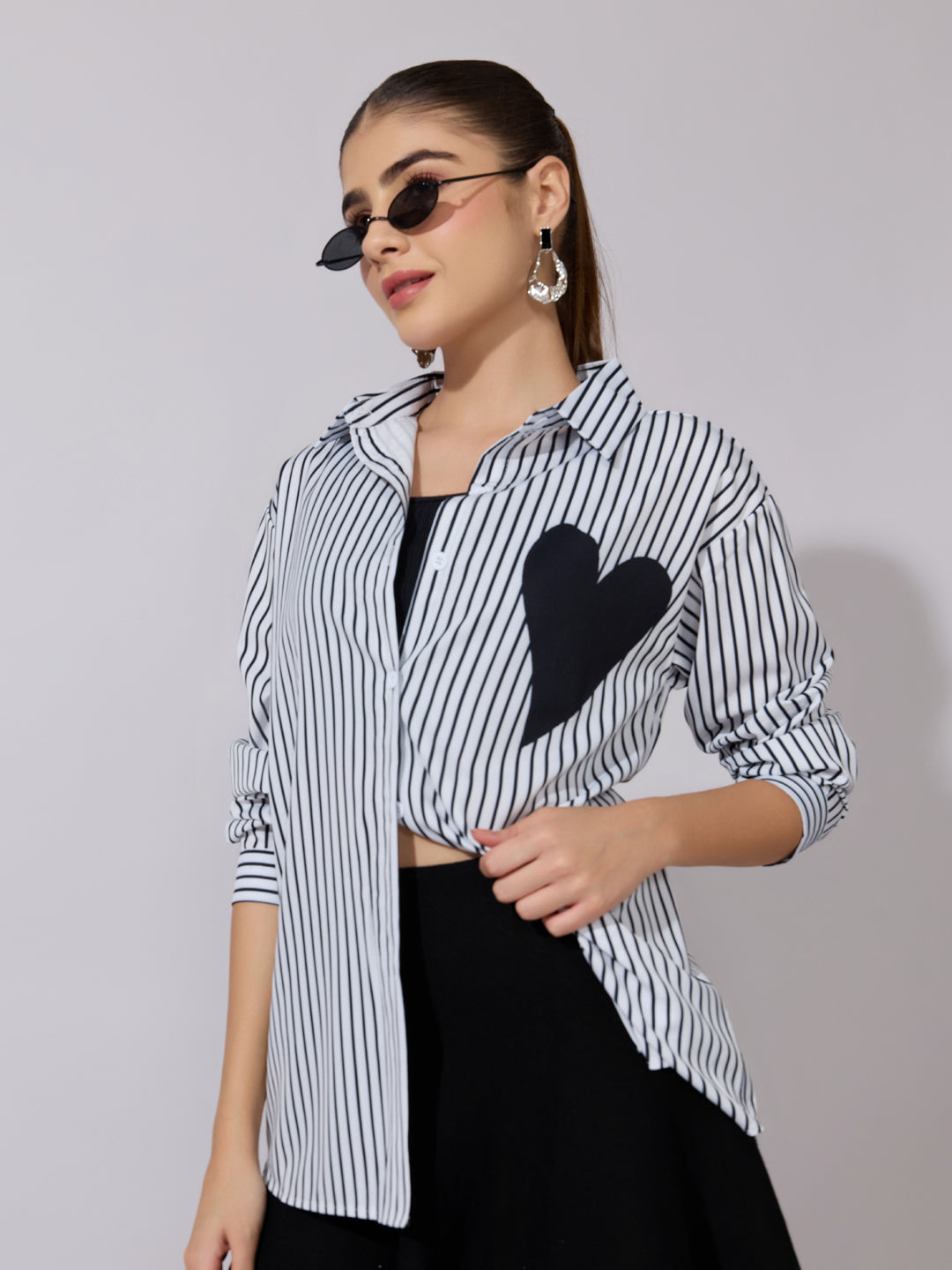 Women's Striped White Shirt with Heart Patch Detail