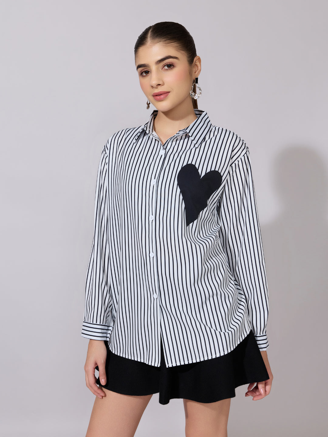 Women's Striped White Shirt with Heart Patch Detail