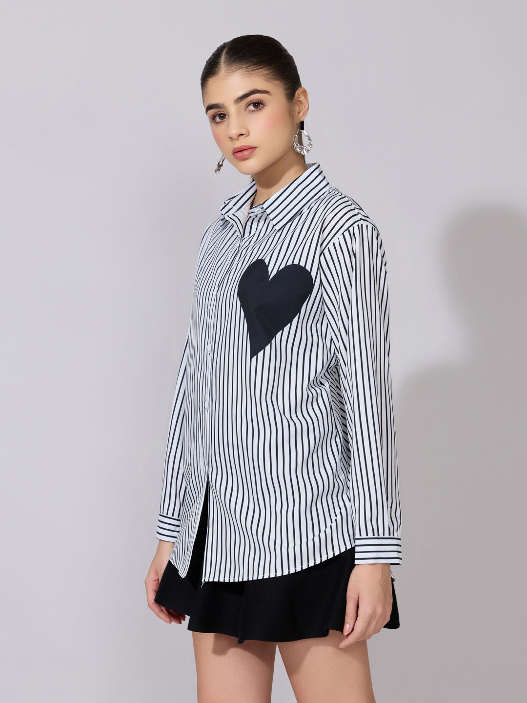 Women's Striped White Shirt with Heart Patch Detail