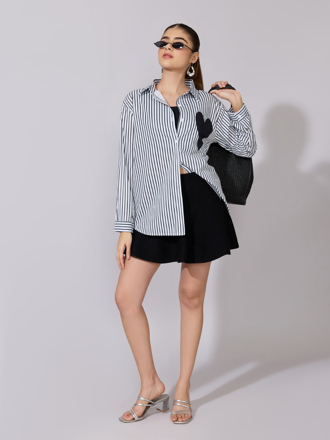 Women's Striped White Shirt with Heart Patch Detail