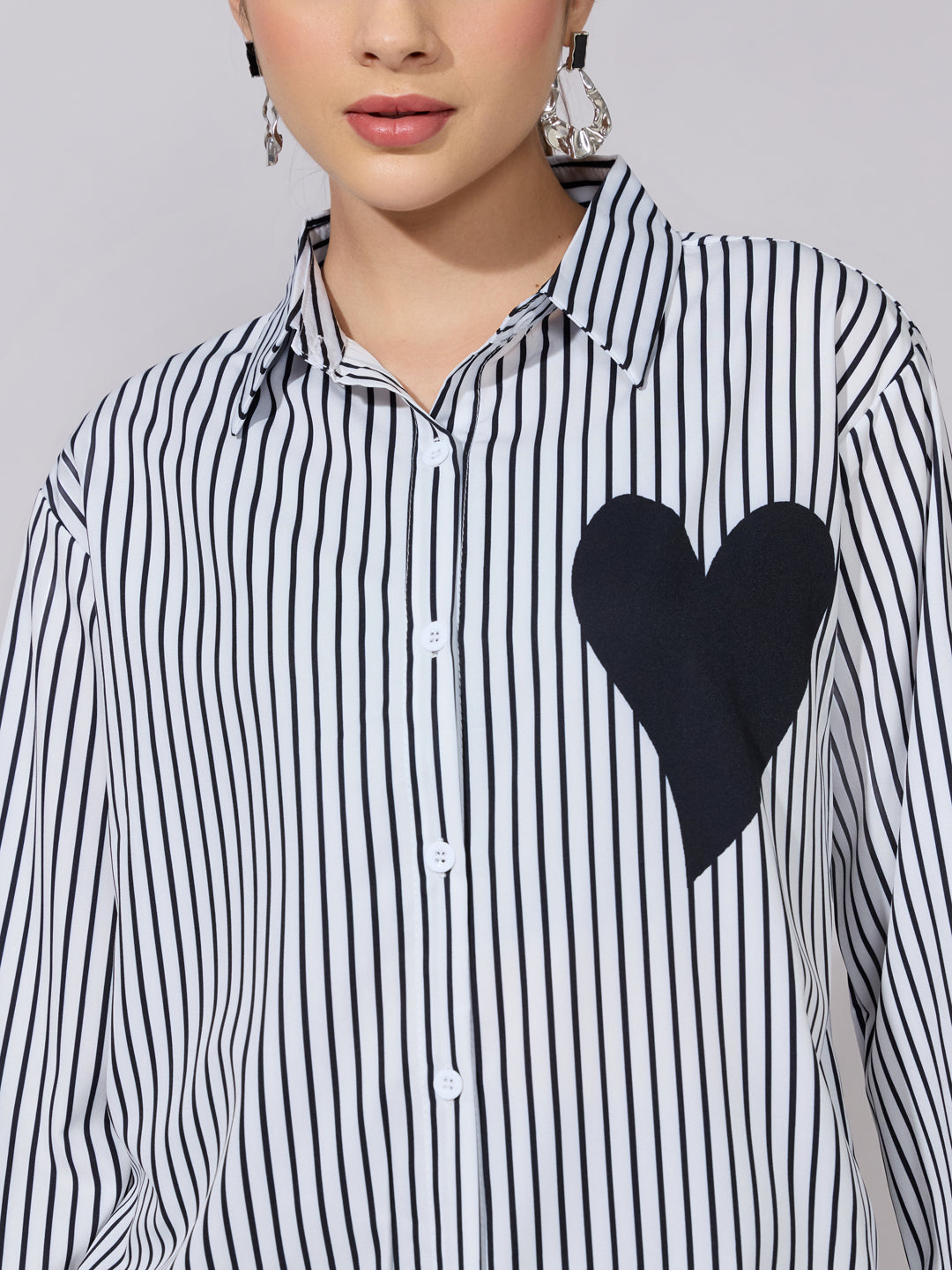 Women's Striped White Shirt with Heart Patch Detail