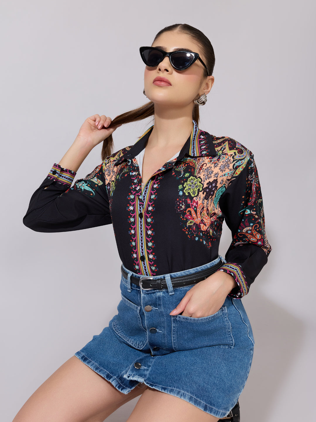 Women's Printed Black Multicolor Collared Shirt