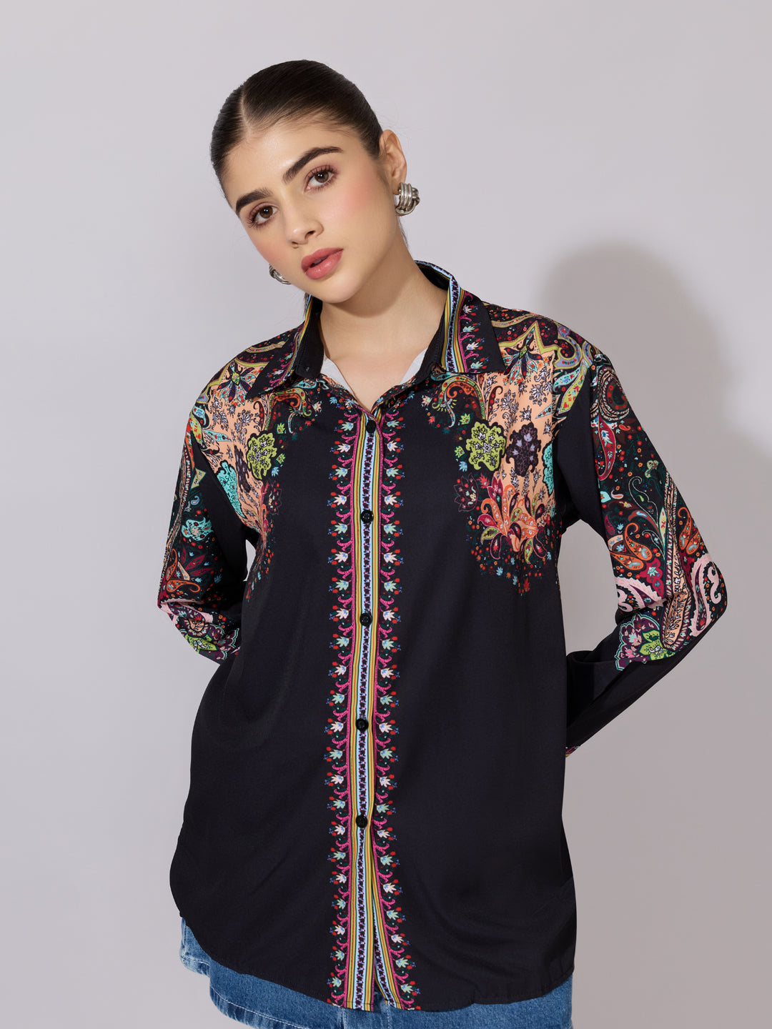 Women's Printed Black Multicolor Collared Shirt
