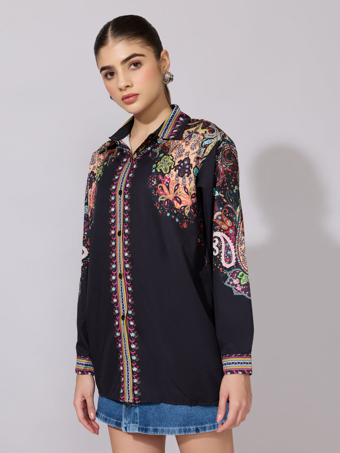 Women's Printed Black Multicolor Collared Shirt