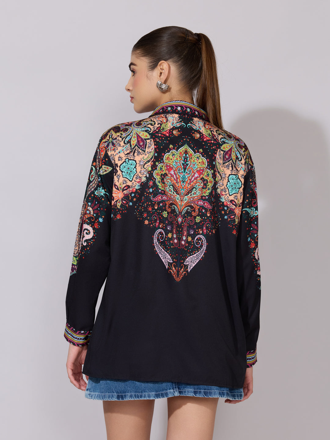 Women's Printed Black Multicolor Collared Shirt