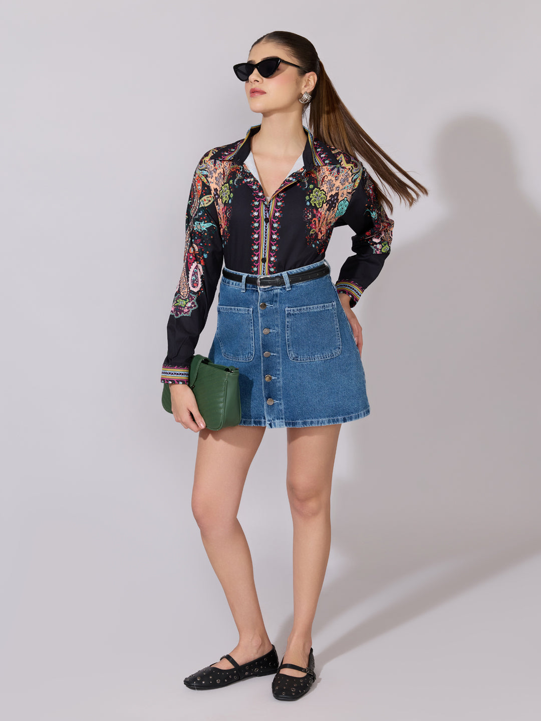 Women's Printed Black Multicolor Collared Shirt