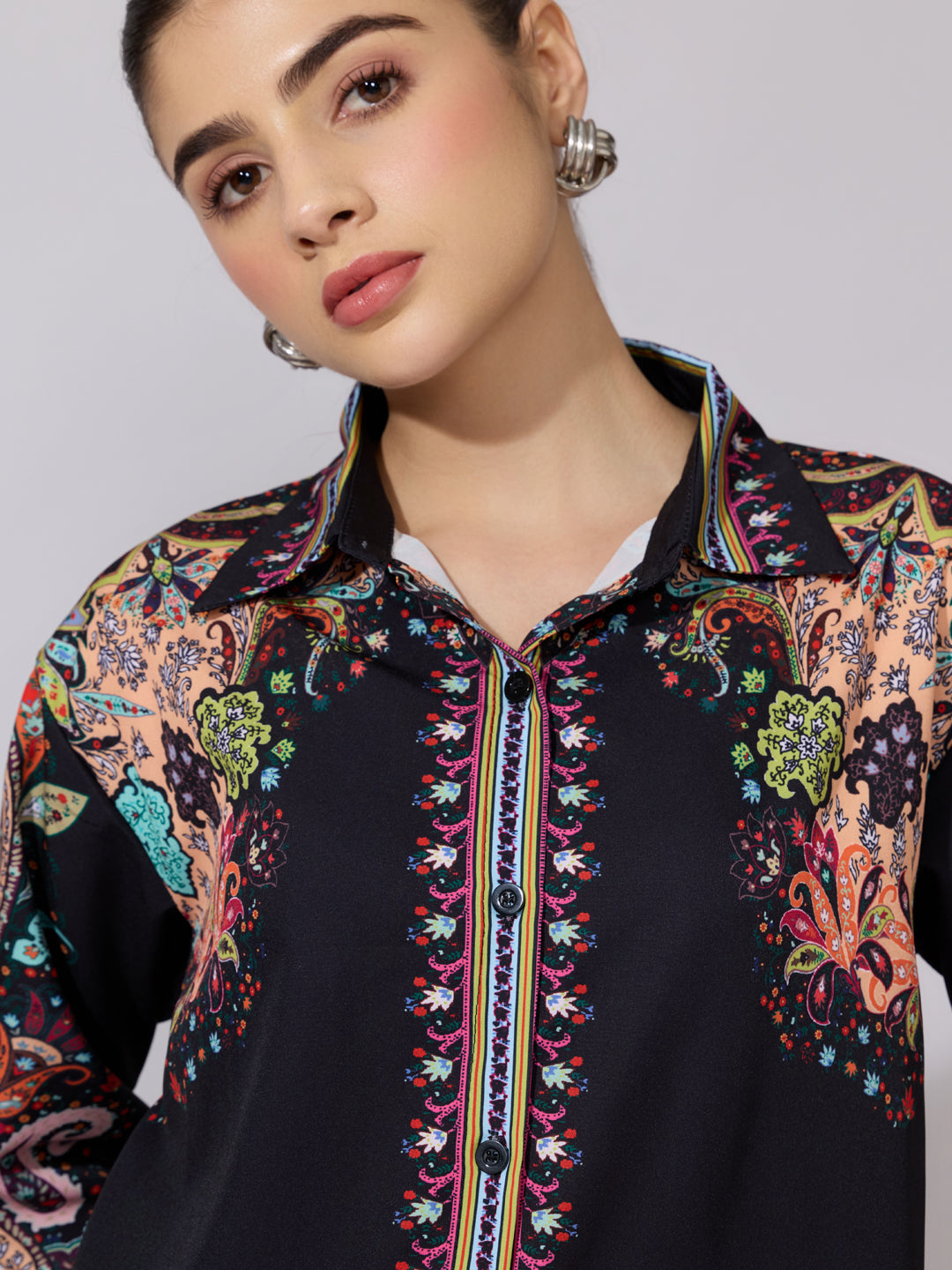 Women's Printed Black Multicolor Collared Shirt