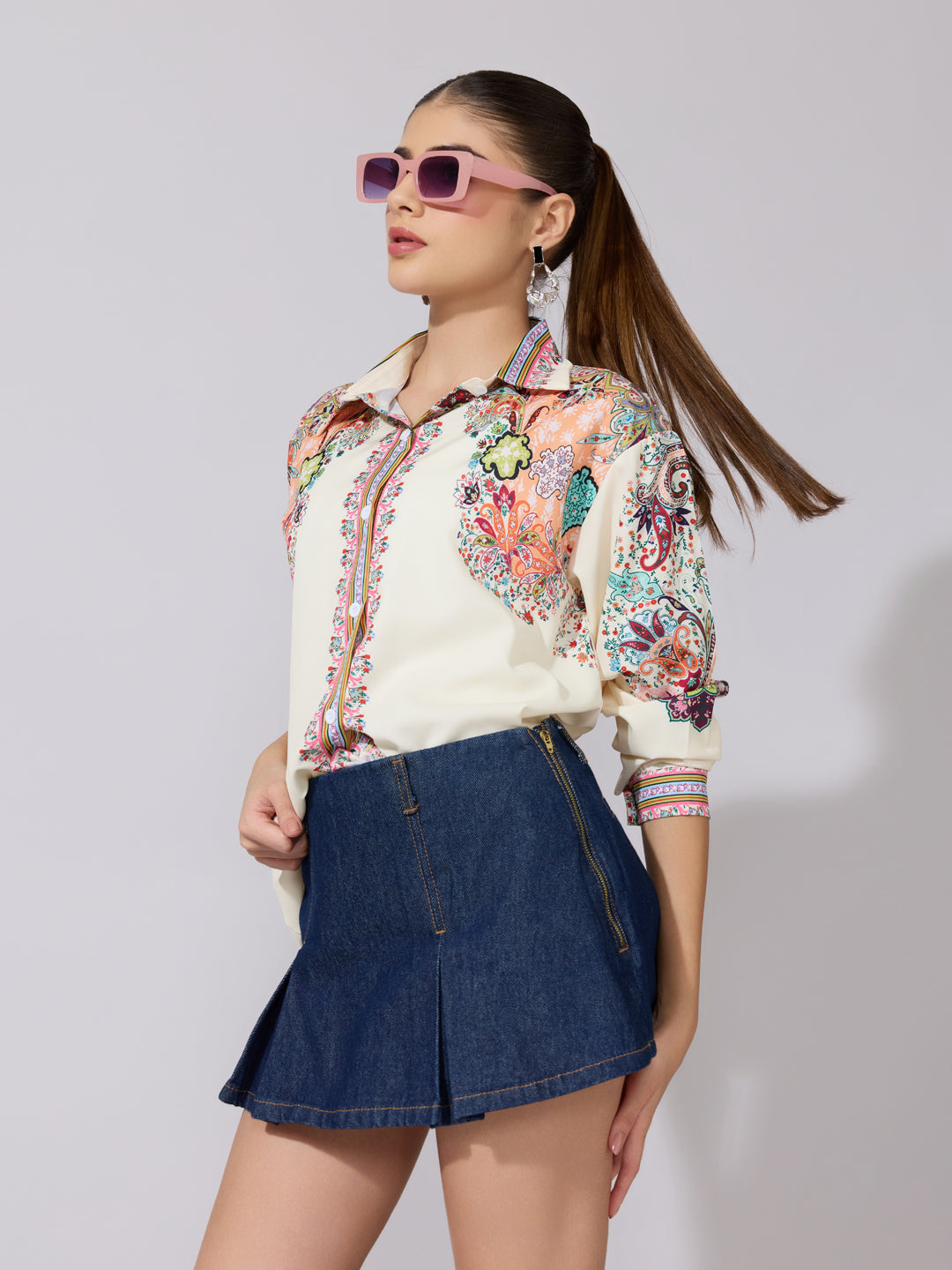 Women's Printed Cream Multicolor Collared Shirt
