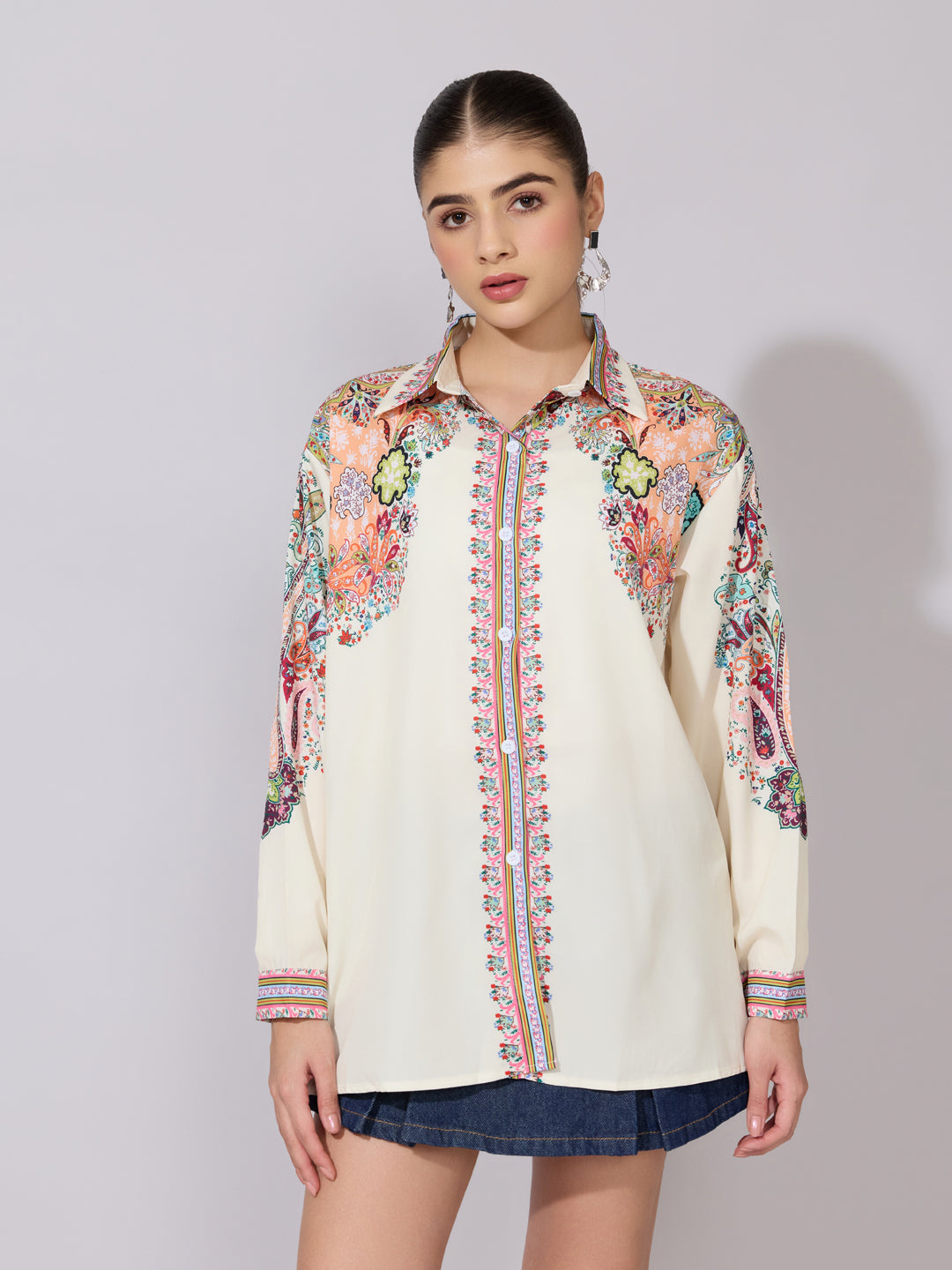 Women's Printed Cream Multicolor Collared Shirt
