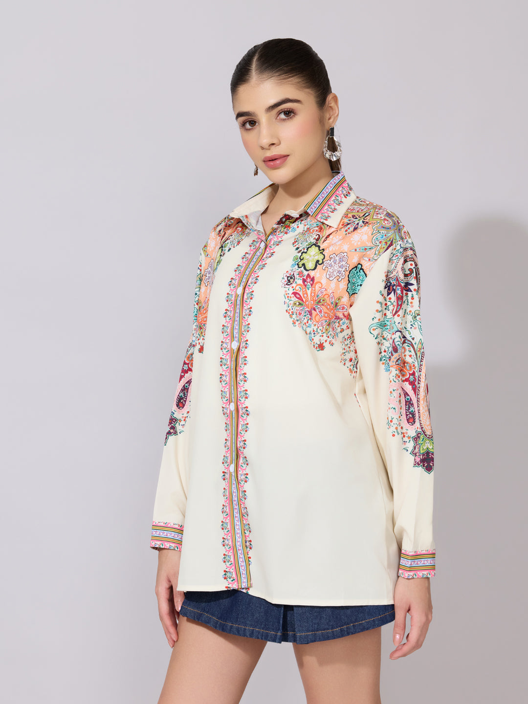 Women's Printed Cream Multicolor Collared Shirt