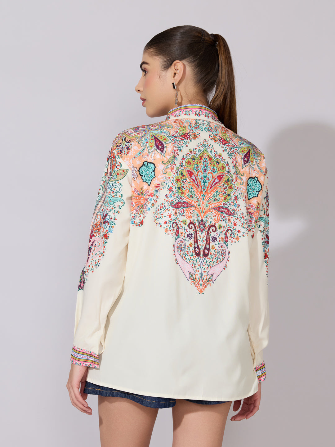 Women's Printed Cream Multicolor Collared Shirt