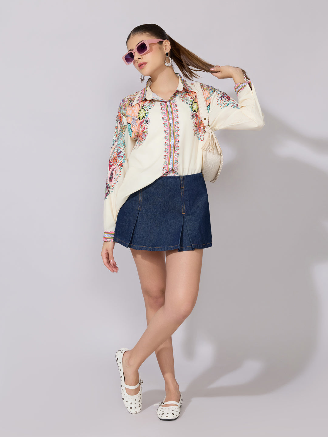 Women's Printed Cream Multicolor Collared Shirt