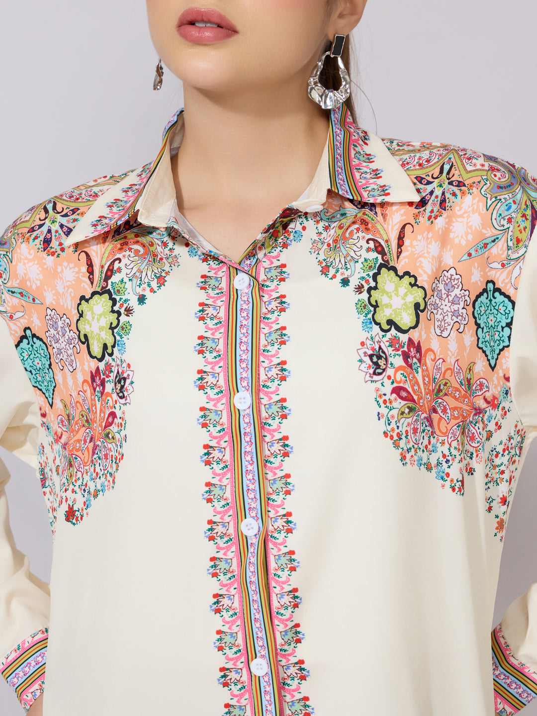 Women's Printed Cream Multicolor Collared Shirt